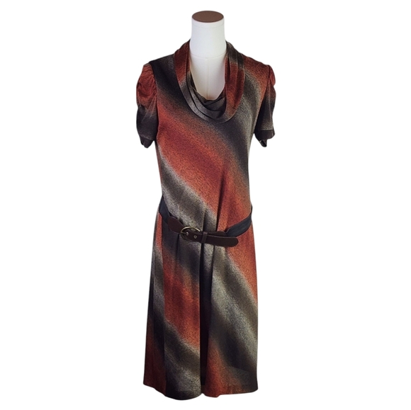 Roz & Ali Cowl Neck Belted Knit Dress Size 12 Brown Ombre Stripe Short Sleeve - Picture 1 of 7